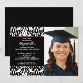 Black Damask Afstuderen Invitation met foto Kaart (Voorkant / Achterkant)