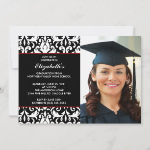 Black Damask Afstuderen Invitation met foto Kaart