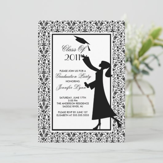 Black Damask Afstuderen Invitation Silhouette Afst Kaart (Staand voorkant)
