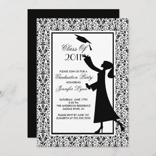 Black Damask Afstuderen Invitation Silhouette Afst Kaart (Voorkant / Achterkant)