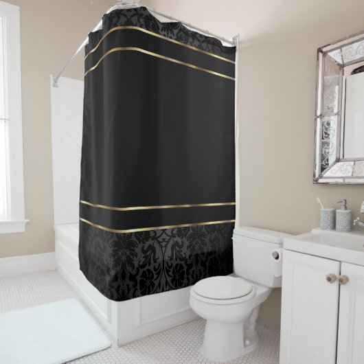 Black Damask and Gold Bar Design Douchegordijn (In situ)