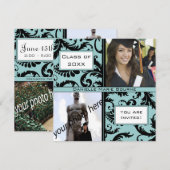 Black Damask Aqua Blue Afstuderen Invitation Kaart (Voorkant / Achterkant)