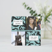 Black Damask Aqua Blue Afstuderen Invitation Kaart (Staand voorkant)