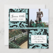 Black Damask Aqua Blue Afstuderen Invitation Kaart (Achterkant)