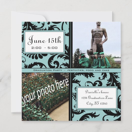 Black Damask Aqua Blue Afstuderen Invitation Kaart (Achterkant)