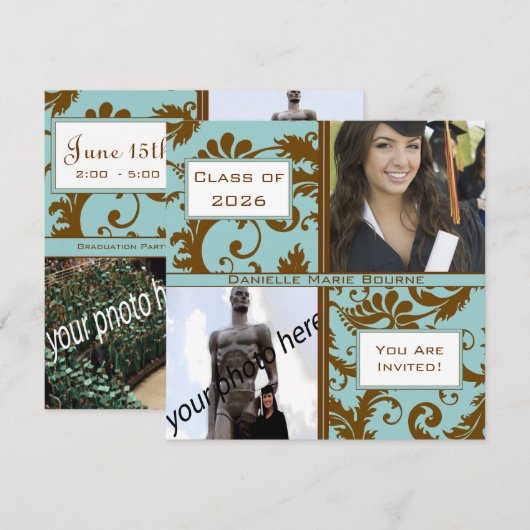 Black Damask Aqua Blue Afstuderen Invitation Kaart (Voorkant / Achterkant)