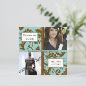 Black Damask Aqua Blue Afstuderen Invitation Kaart (Staand voorkant)