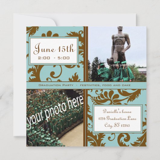 Black Damask Aqua Blue Afstuderen Invitation Kaart (Achterkant)