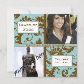 Black Damask Aqua Blue Afstuderen Invitation Kaart (Voorkant)