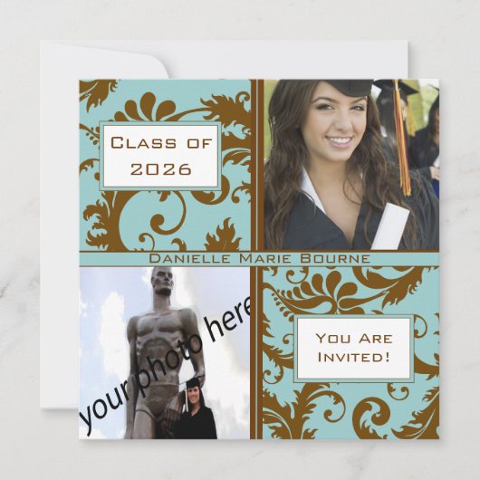 Black Damask Aqua Blue Afstuderen Invitation Kaart (Voorkant)