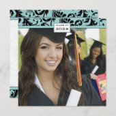 Black Damask Aqua Blue Afstuderen Invitation Kaart (Voorkant / Achterkant)