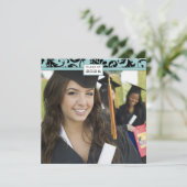 Black Damask Aqua Blue Afstuderen Invitation Kaart (Staand voorkant)