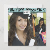 Black Damask Aqua Blue Afstuderen Invitation Kaart (Voorkant)