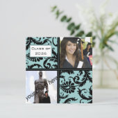 Black Damask Aqua Blue Afstuderen Invitation Kaart (Staand voorkant)