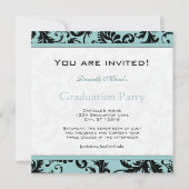 Black Damask Aqua Blue Afstuderen Invitation Kaart (Achterkant)
