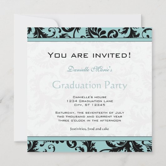 Black Damask Aqua Blue Afstuderen Invitation Kaart (Achterkant)