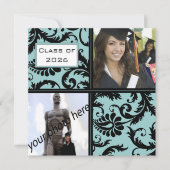 Black Damask Aqua Blue Afstuderen Invitation Kaart (Voorkant)