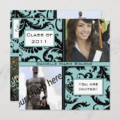 Black Damask Aqua Blue Afstuderen Invitation Kaart (Voorkant / Achterkant)