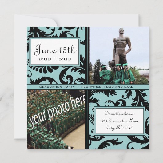 Black Damask Aqua Blue Afstuderen Invitation Kaart (Achterkant)