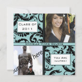 Black Damask Aqua Blue Afstuderen Invitation Kaart (Voorkant)