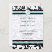 Black Damask Aqua Blue Blauwgroen Wedding Invitati Kaart (Achterkant)