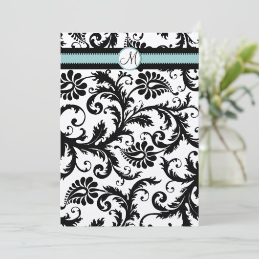 Black Damask Aqua Blue Blauwgroen Wedding Invitati Kaart (Staand voorkant)