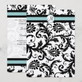 Black Damask Aqua Blue Blauwgroen Wedding Invitati Kaart (Voorkant / Achterkant)