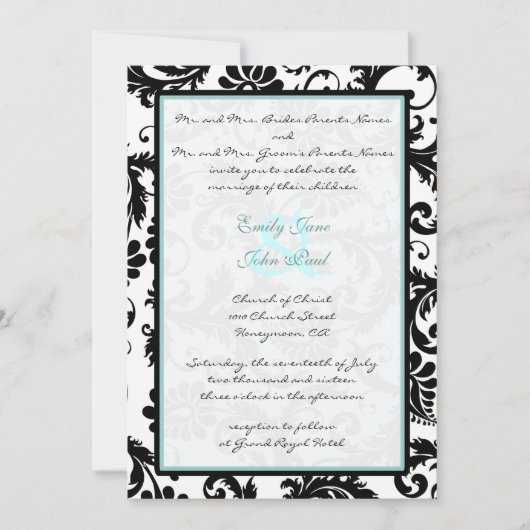 Black Damask Aqua Blue Monogram Weddenschap Kaart (Voorkant)