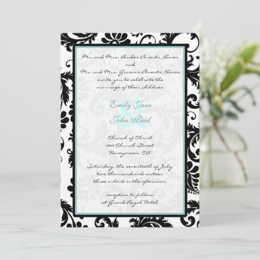 Black Damask Aqua Blue Monogram Weddenschap Kaart (Staand voorkant)