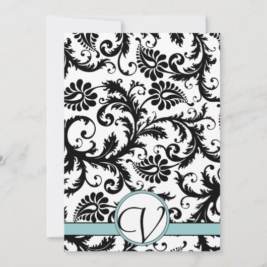 Black Damask Aqua Blue Monogram Weddenschap Kaart (Achterkant)