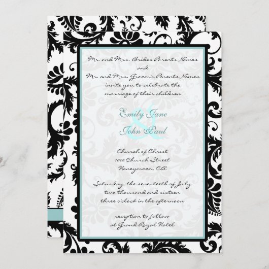 Black Damask Aqua Blue Monogram Weddenschap Kaart (Voorkant / Achterkant)