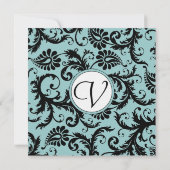 Black Damask Aqua Blue Wedding Invitation Kaart (Achterkant)