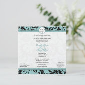 Black Damask Aqua Blue Wedding Invitation Kaart (Staand voorkant)