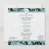Black Damask Aqua Blue Wedding Invitation Kaart (Voorkant)