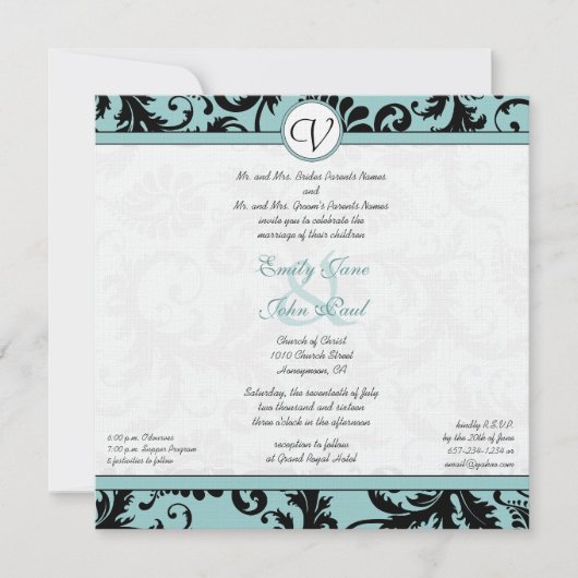Black Damask Aqua Blue Wedding Invitation Kaart (Voorkant)