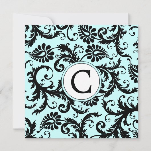 Black Damask Aqua Blue Wedding Invitation Kaart (Achterkant)