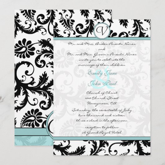 Black Damask Aqua Blue Wedding Invitation Kaart (Voorkant / Achterkant)