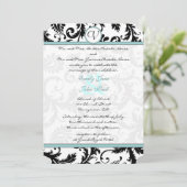 Black Damask Aqua Blue Wedding Invitation Kaart (Staand voorkant)