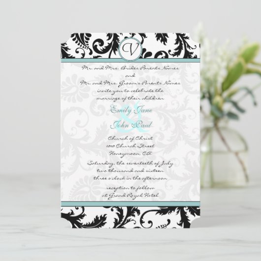 Black Damask Aqua Blue Wedding Invitation Kaart (Staand voorkant)