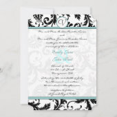 Black Damask Aqua Blue Wedding Invitation Kaart (Voorkant)