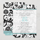 Black Damask Aqua Blue Wedding Invitation Kaart (Voorkant / Achterkant)