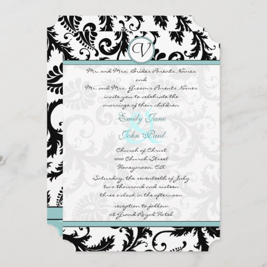 Black Damask Aqua Blue Wedding Invitation Kaart (Voorkant / Achterkant)