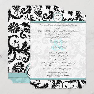 Black Damask Aqua Blue Wedding Invitation Kaart