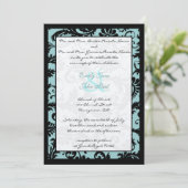 Black Damask Aqua Blue Wedding Invitation Kaart (Staand voorkant)