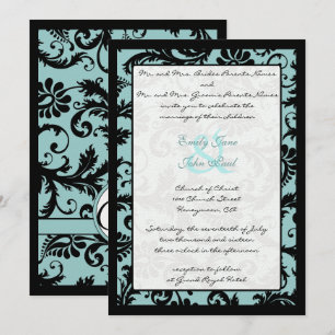 Black Damask Aqua Blue Wedding Invitation Kaart