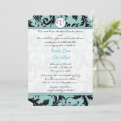 Black Damask Aqua Blue Wedding Invitation Kaart (Staand voorkant)