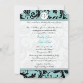Black Damask Aqua Blue Wedding Invitation Kaart (Voorkant)