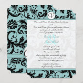 Black Damask Aqua Blue Wedding Invitation Kaart (Voorkant / Achterkant)