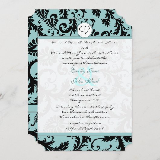 Black Damask Aqua Blue Wedding Invitation Kaart (Voorkant / Achterkant)