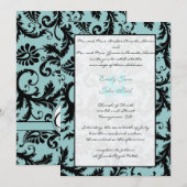 Black Damask Aqua Blue Wedding Invitation Kaart (Voorkant / Achterkant)